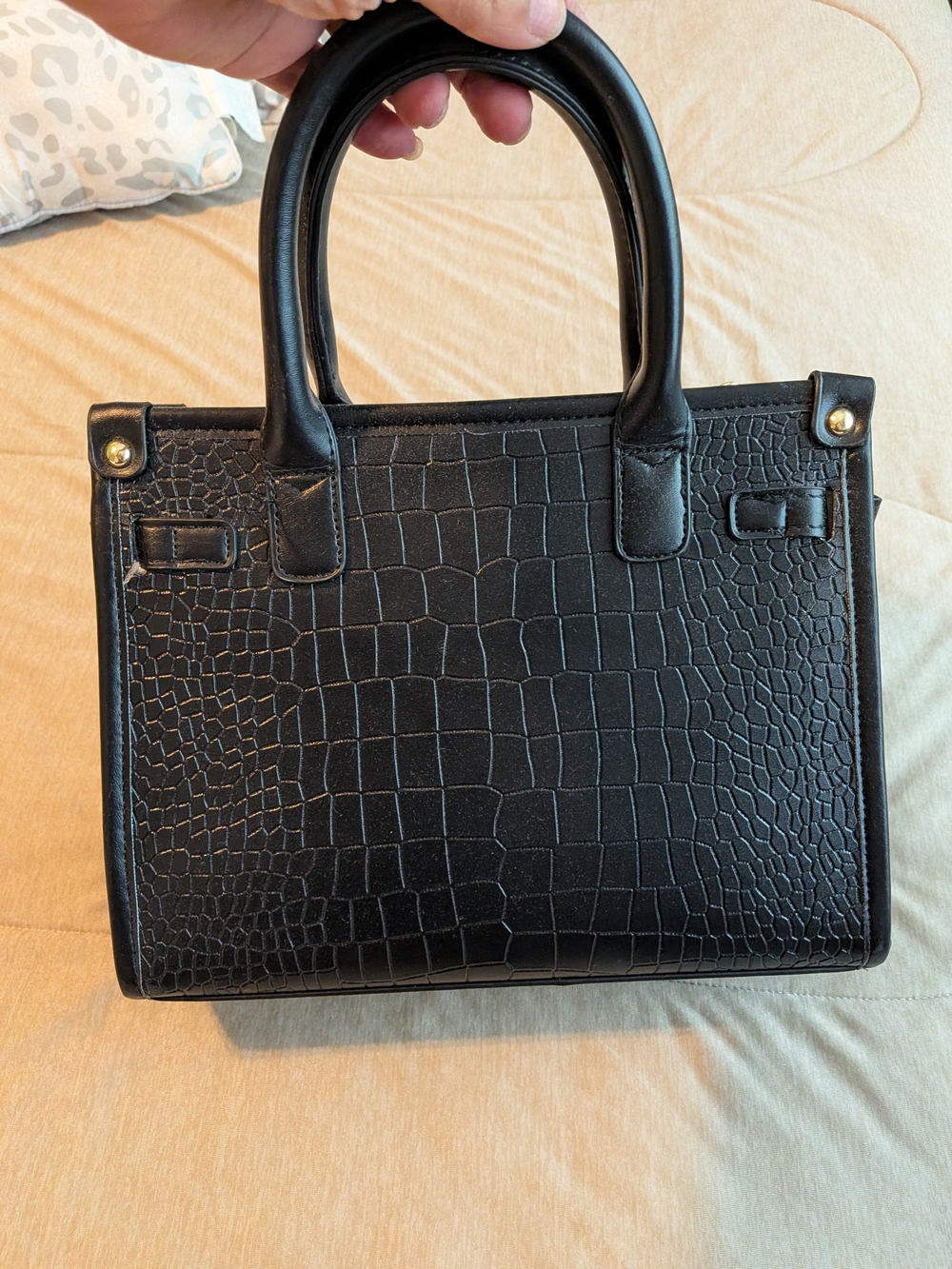 Croc-Embossed Black Structured Satchel Handbag - Picture 8 of 8